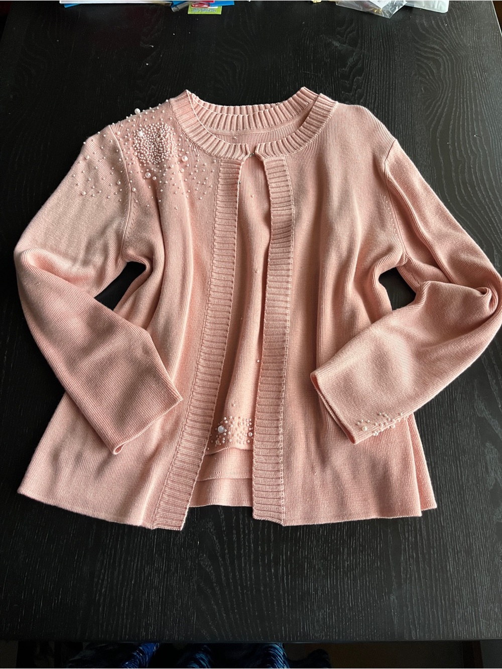 Pink Pearl Beaded 2-Piece Twinset Sweater Cardigan Short Sleeve Top Set